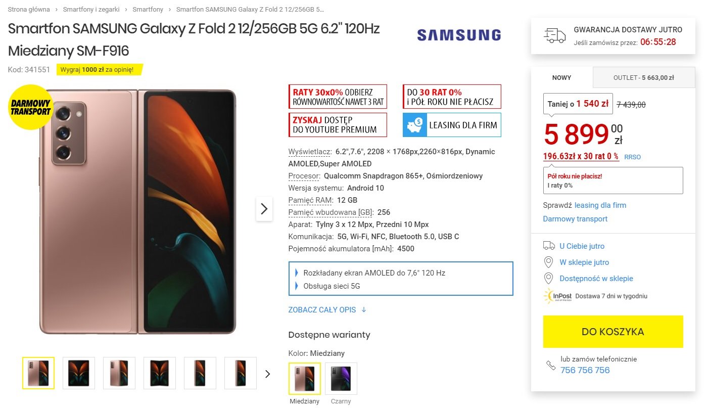 Samsung Galaxy Z Fold 2 za 5899 złotych Media Expert