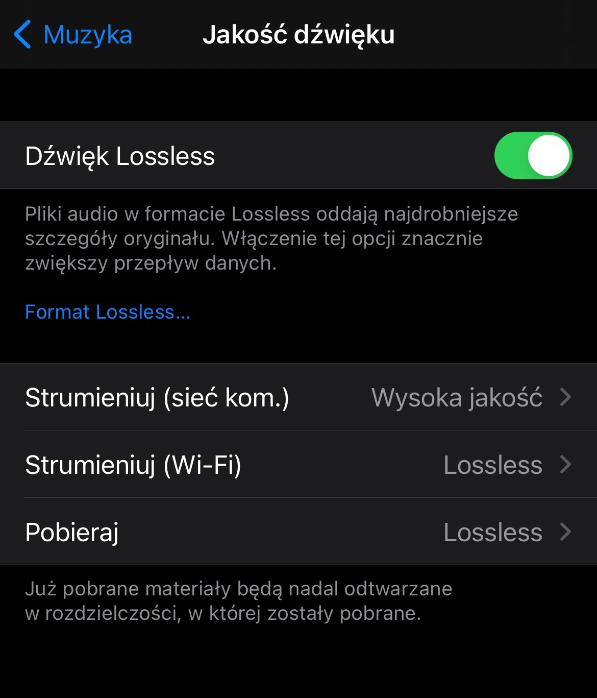 Ustawienia jakości dźwięku na iOS
