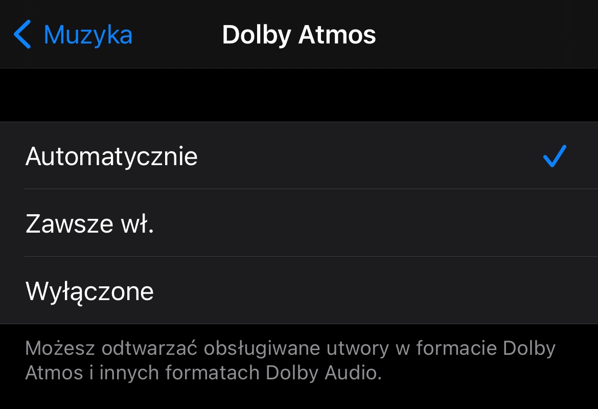Ustawienia dźwięku przestrzennego Dolby Atmos na iOS