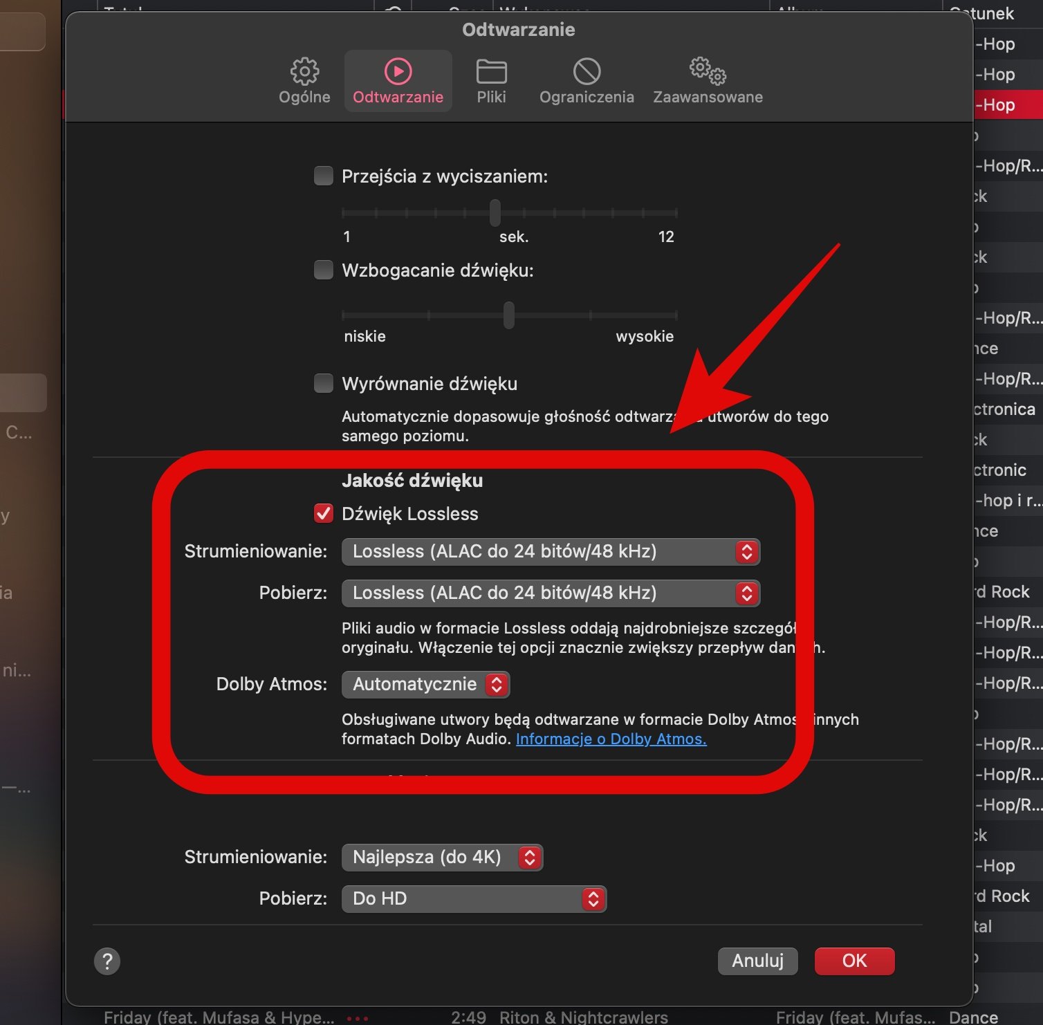 Ustawienia Apple Music na macOS