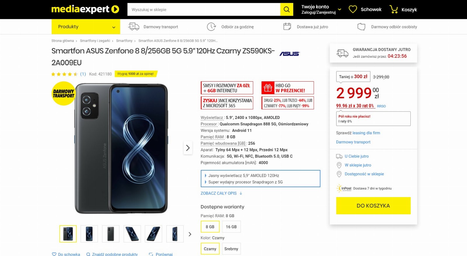 promocja Asus ZenFone 8 8 GB 256 GB za 2999 złotych w sklepie Media Expert