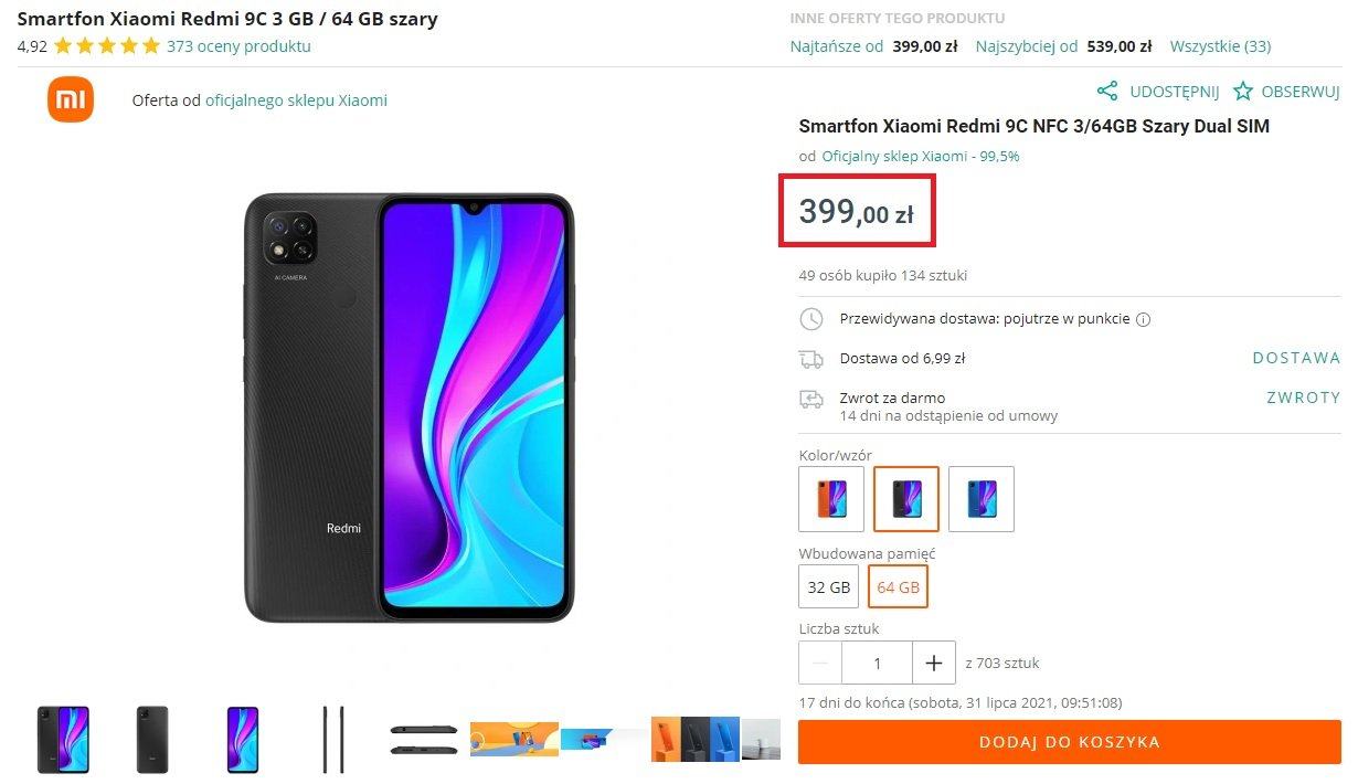 promocja smartfon Xiaomi Redmi 9C NFC za 399 złotych na Allegro