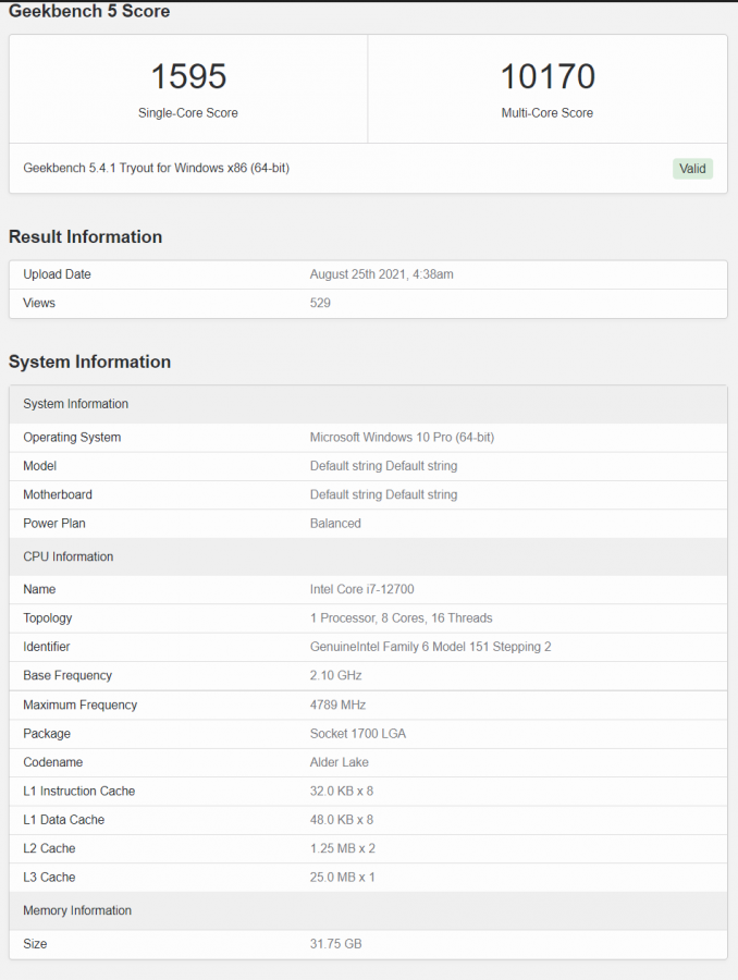 Intel Core i7-12700 wynik Geekbench