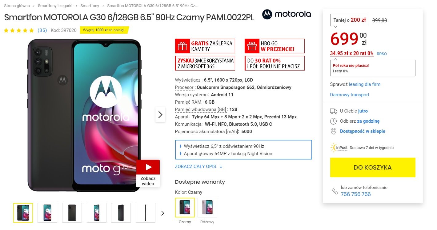 promocja Motorola Moto G30 za 699 złotych w Media Expert