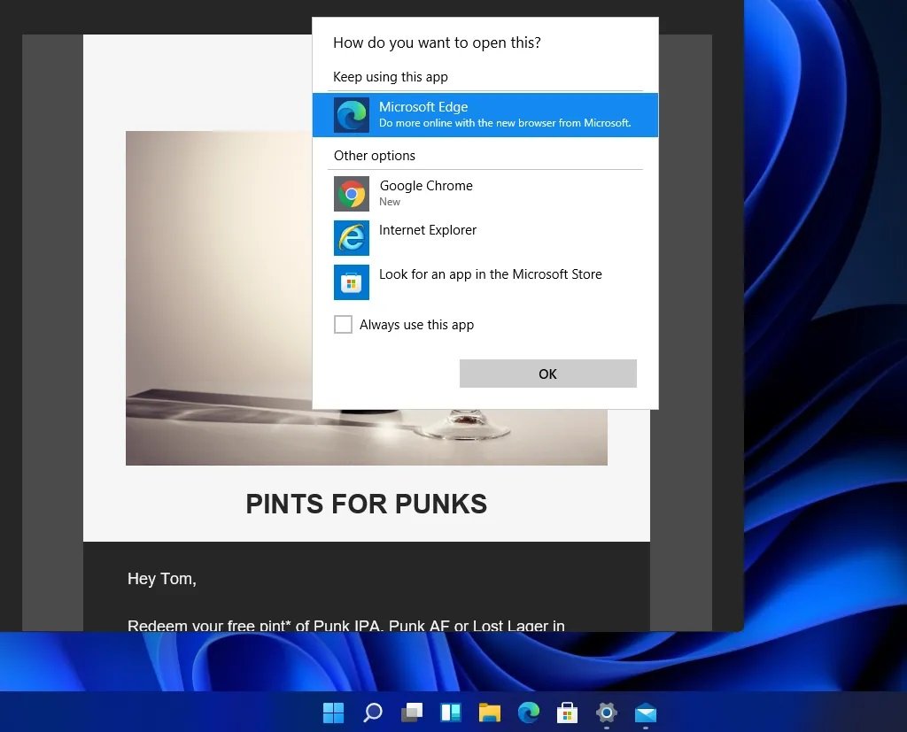 windows 11 okno wyboru domyślnej aplikacji default app prompt
