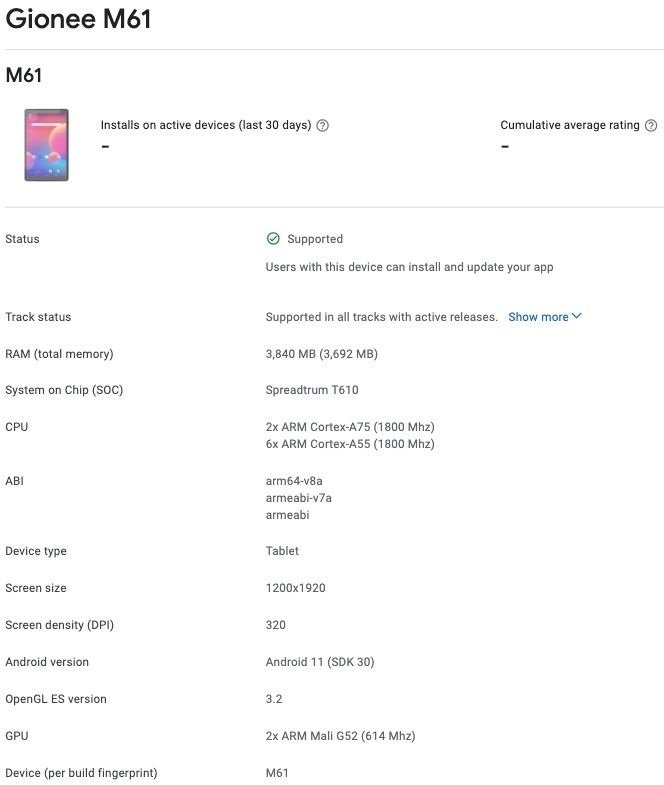 specyfikacja Gionee M61 tablet specs