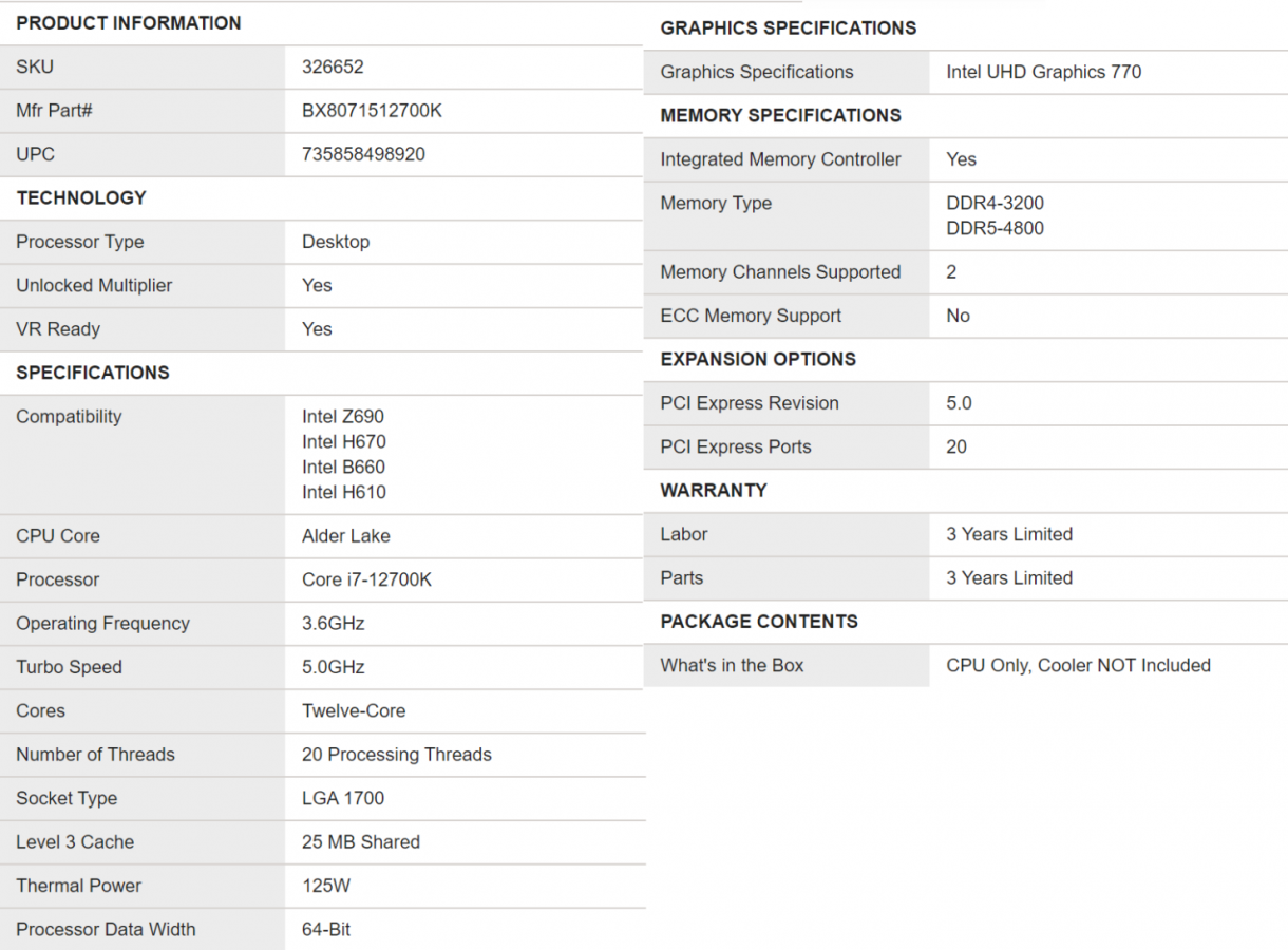 Intel Alder Lake Core i7-12700K