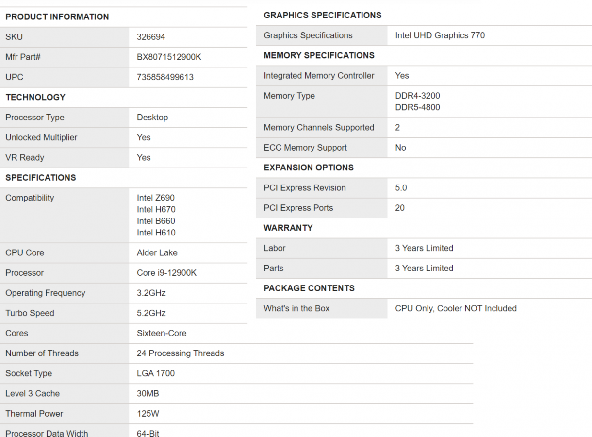 Intel Alder Lake Core i9-12900K specyfikacja