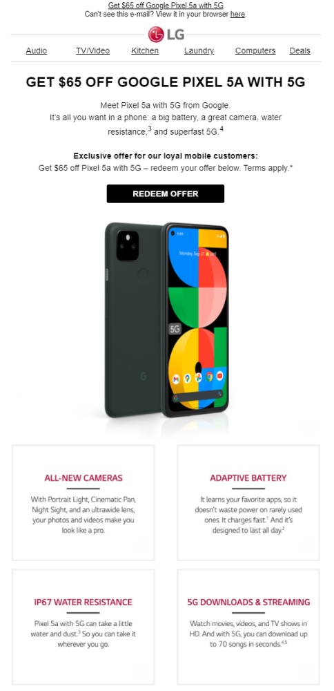 smartfon google pixel 5a promocja lg smartphone promotion email
