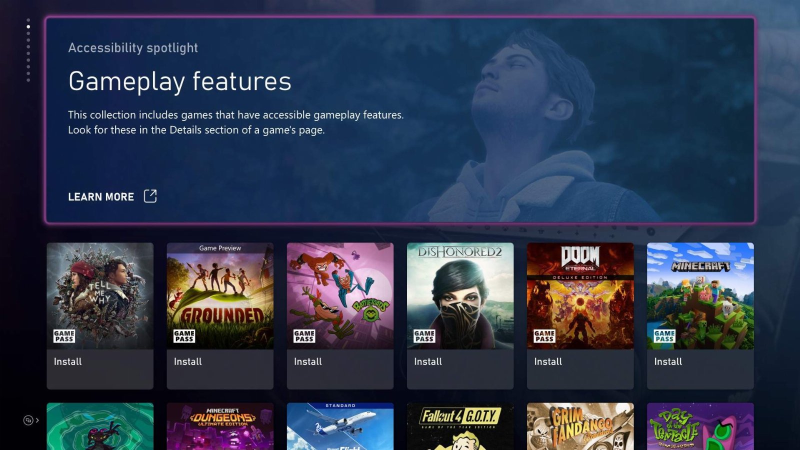 Zakładka z grami zawierającymi ułatwienia dostępu na konsolach Xbox - nie do ominięcia (źródło: Xbox Wire)