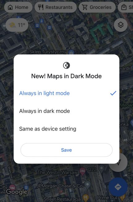 tryb ciemny mapy google