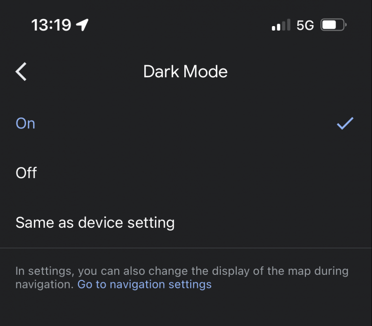 tryb ciemny w aplikacji mapy google na ios