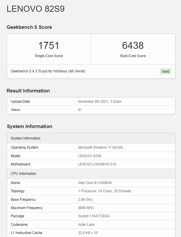 Intel Core i9-12900HK test Geekbench
