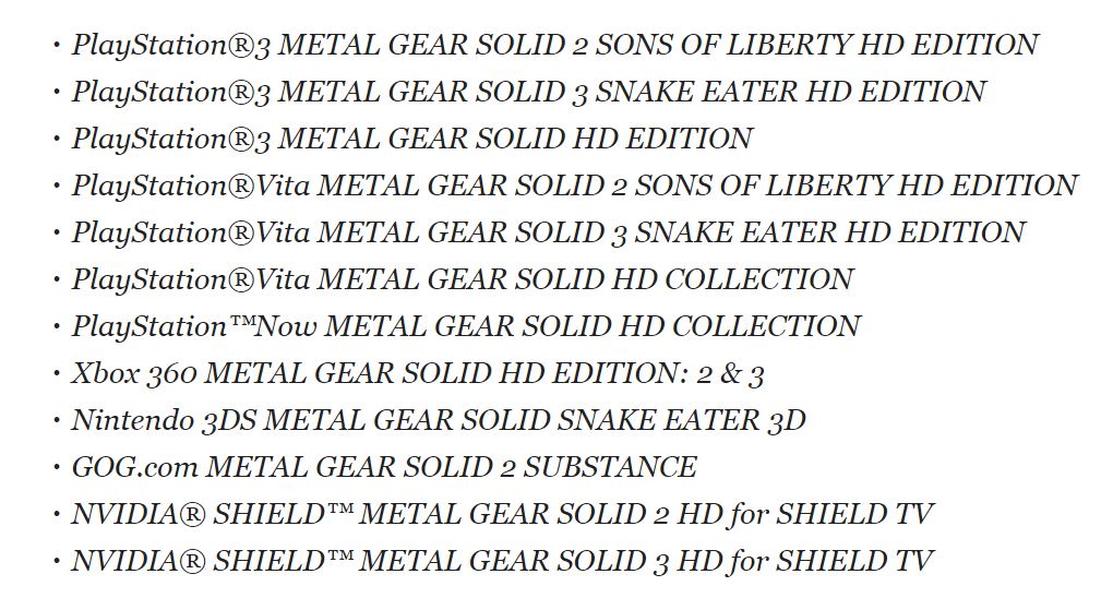 Całkiem sporo pozycji z serii Metal Gear Solid. Dlaczego KONAMI wcześniej nie odnowiło tych licencji? (źródło: Kotaku)