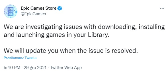 Epic Games Store nie działa awaria 29.12.2021