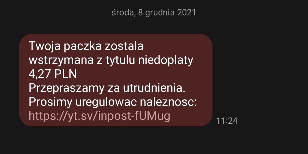 SMS Twoja paczka została wstrzymana z tytułu niedopłaty