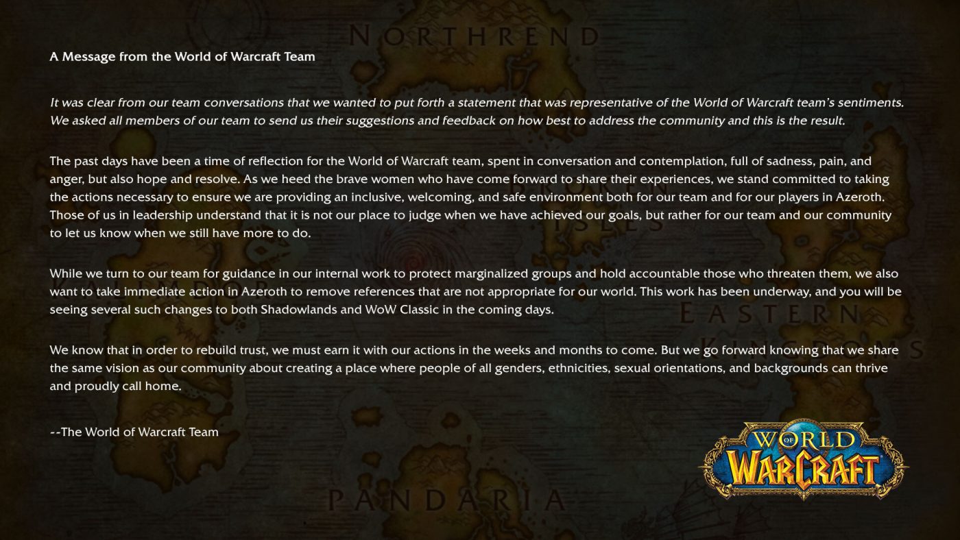 Oficjalne stanowisko Activision-Blizzard, dotyczące zmian w World of Warcraft (źródło: @Warcraft, Twitter)