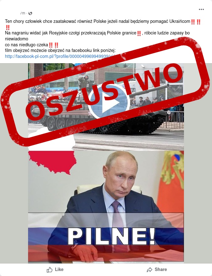 Rosyjskie czołgi przekraczają polską granicę fake news na Facebooku oszustwo