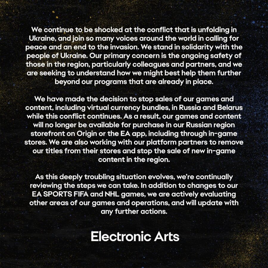 Oficjalne oświadczenie Electronic Arts. Ta firma również jest z walczącą Ukrainą! (źródło: Twitter)