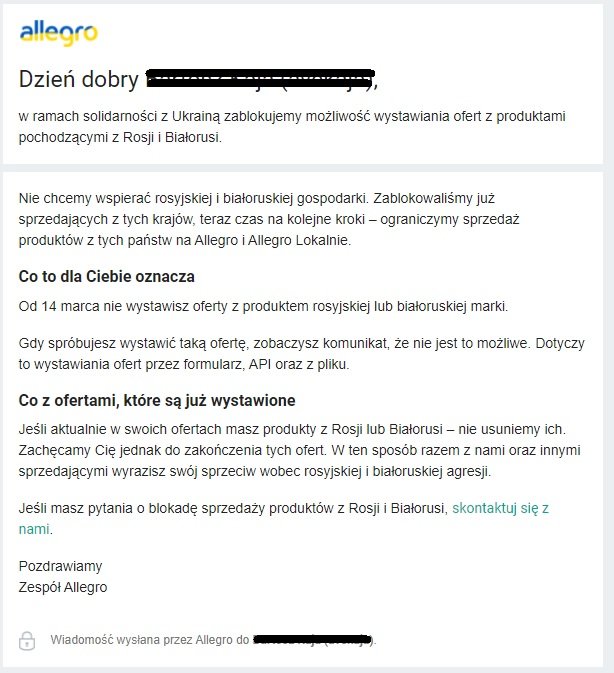 Mail od Allegro dot. sytuacji na Ukrainie