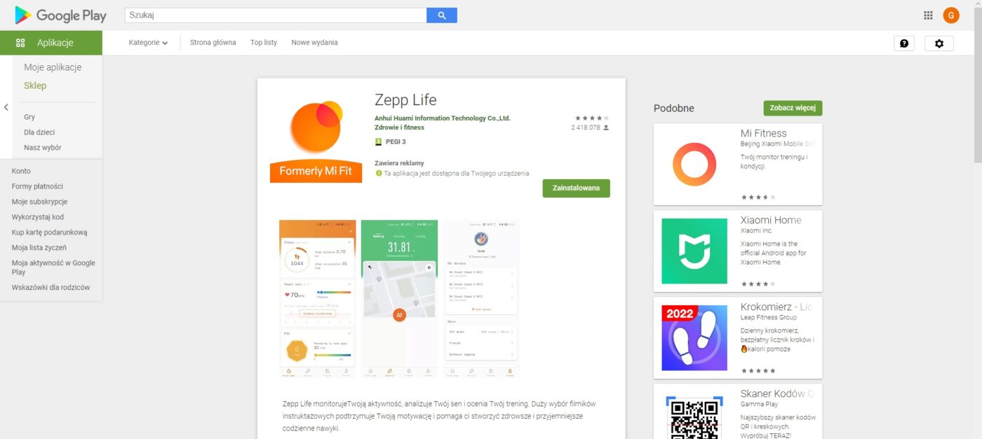 aplikacja Zepp Life Xiaomi Mi Fit