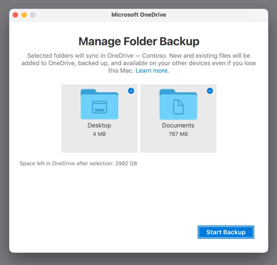 Funkcja kopii zapasowej folderów w aplikacji OneDrive dla macOS