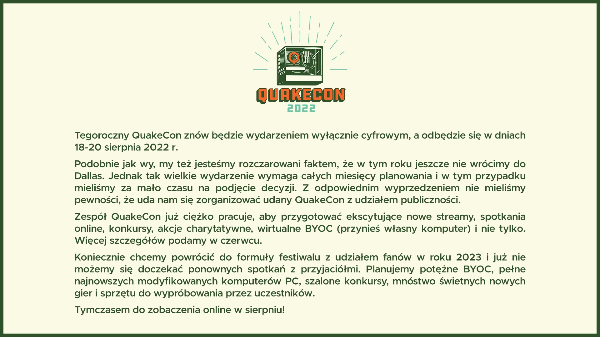 Bethesda QuakeCon 2022 tylko online