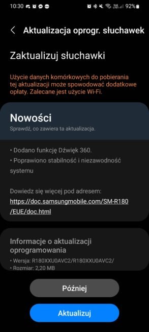 aktualizacja dla słuchawek Samsung Galaxy Buds Live Dźwięk 360