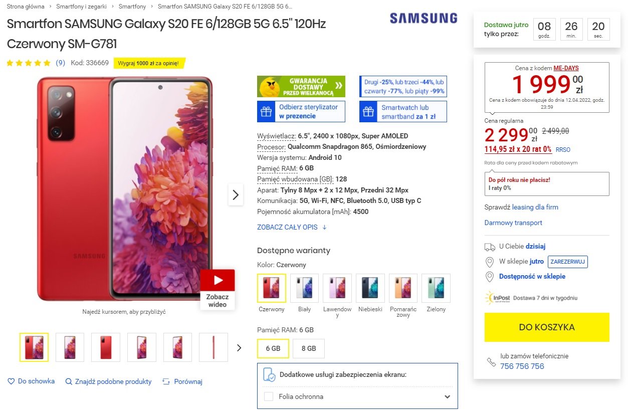 promocja Samsung Galaxy S20 FE 5G czerwony 6 GB RAM za 1999 złotych w Media Expert z kodem ME-DAYS