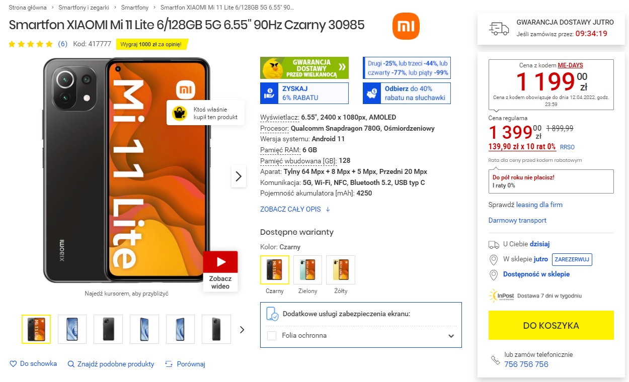 promocja Xiaomi Mi 11 Lite 5G 6 GB 128 GB za 1199 złotych w Media Expert