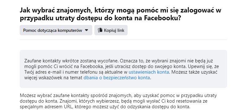 Facebook usuwa funkcję Zaufane kontakty