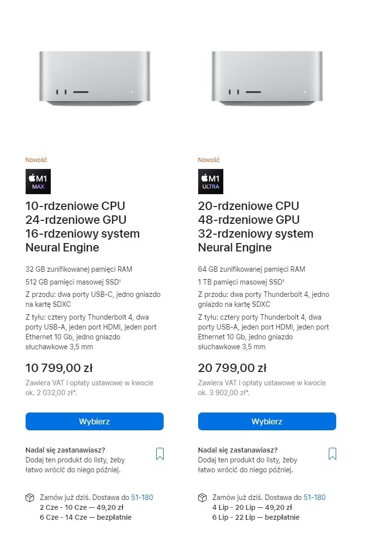 zrzut ekranu czasu dostawy mac studio