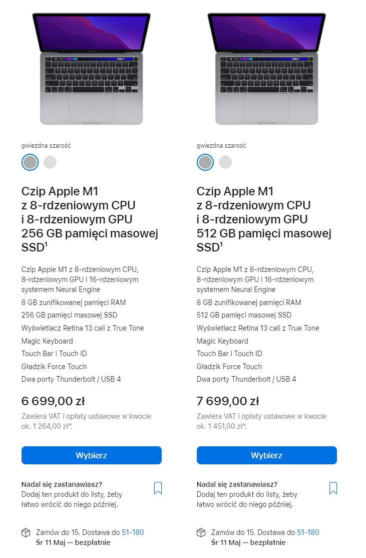 zrzut ekranu czasu dostawy macbook pro 13 cali