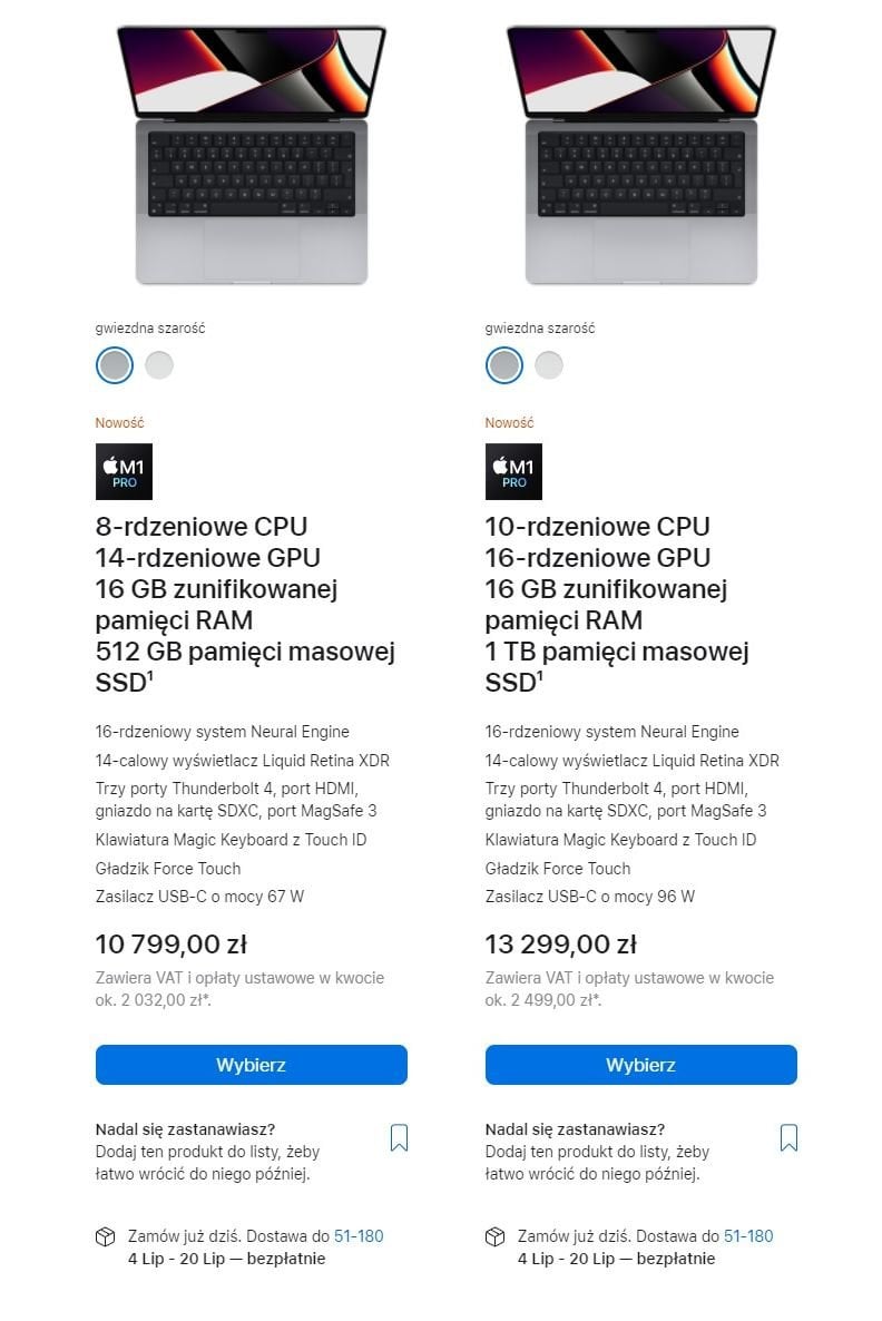 zrzut ekranu czasu dostawy macbook pro 14 cali