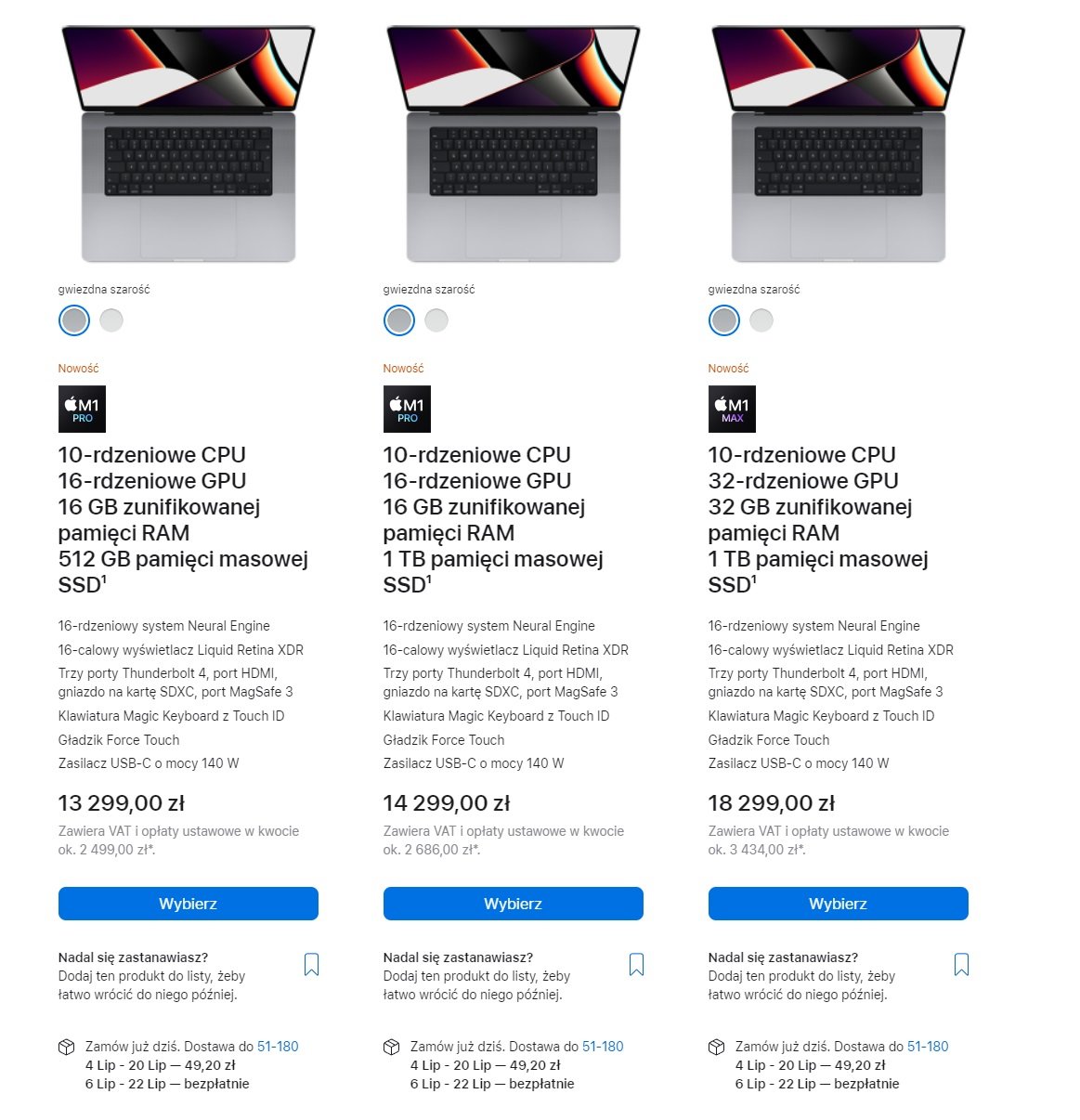 zrzut ekranu czasu dostawy macbook pro 16 cali