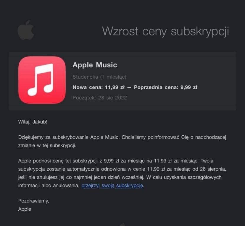 Apple Music wyższa cena
