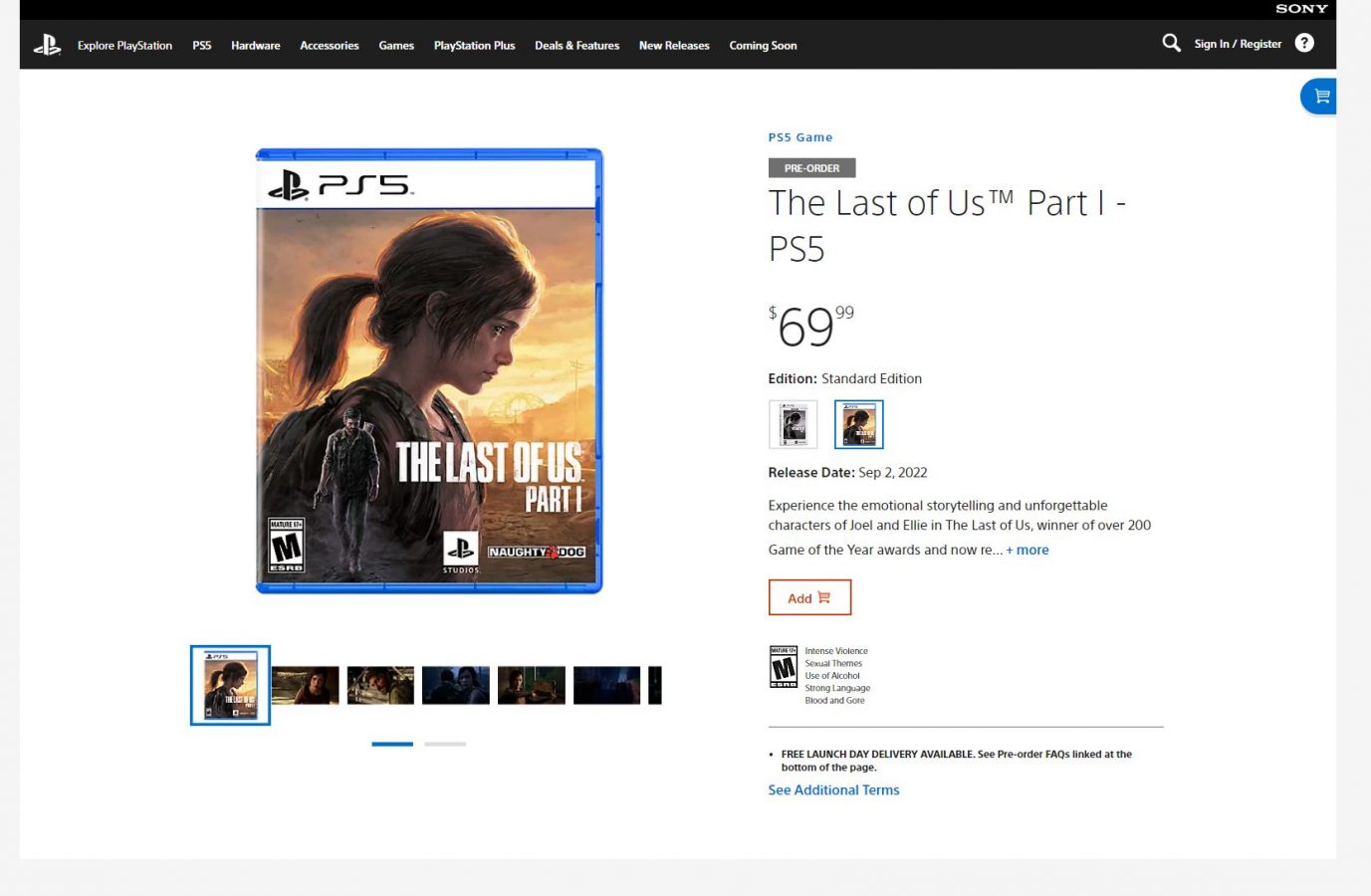 The Last of Us Part I - strona zamówień przedpremierowych (źródło: PlayStation Direct)