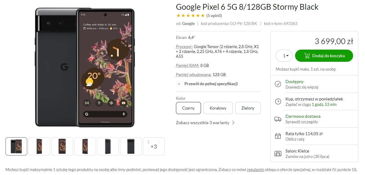 smartfon Google Pixel 6 5G 8 GB 128 GB czarny Stormy Black nowa cena 3699 złotych w x-kom