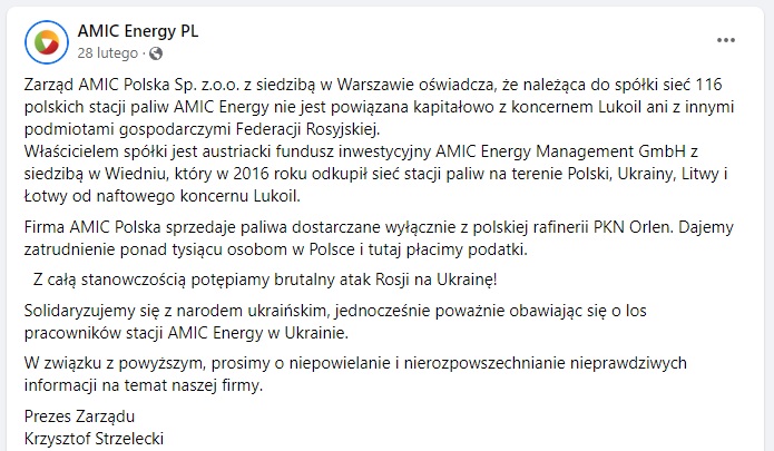 czy AMIC Energy to rosyjska stacja Rosja oświadczenie