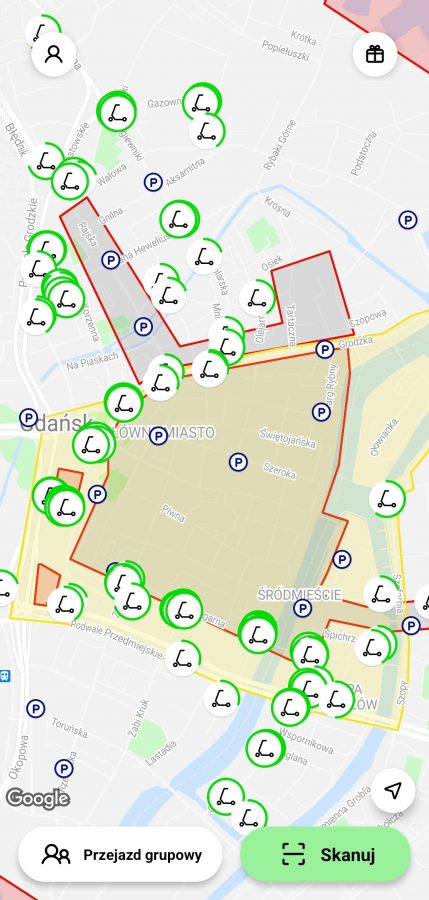 Jak widać na aplikacji Lime, Śródmieście Gdańska zostało wyczyszczone z hulajnóg, przynajmniej na czas trwania Jarmarku św. Dominika