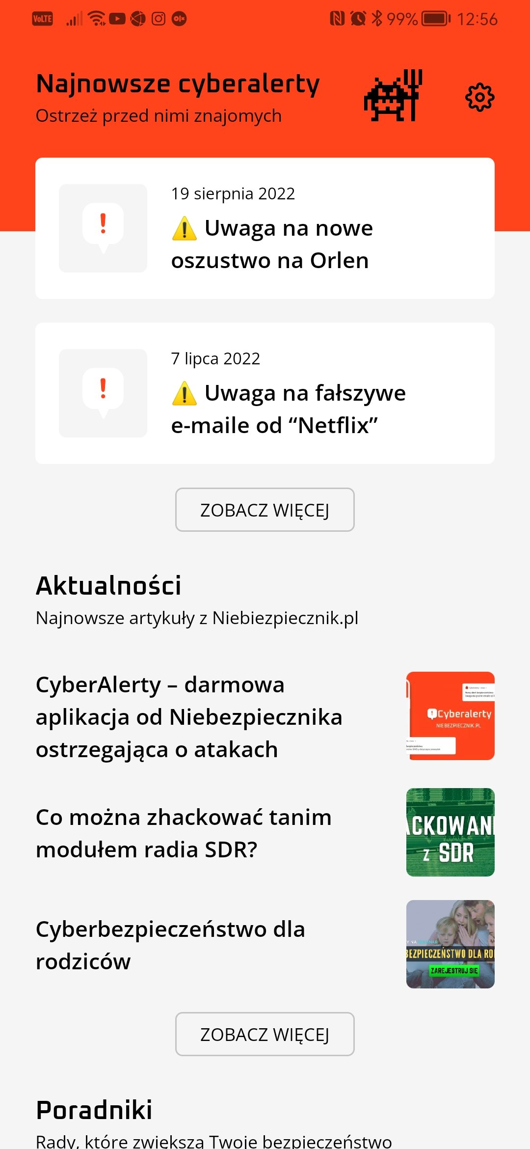 zrzut ekranu z aplikacji cyberalerty