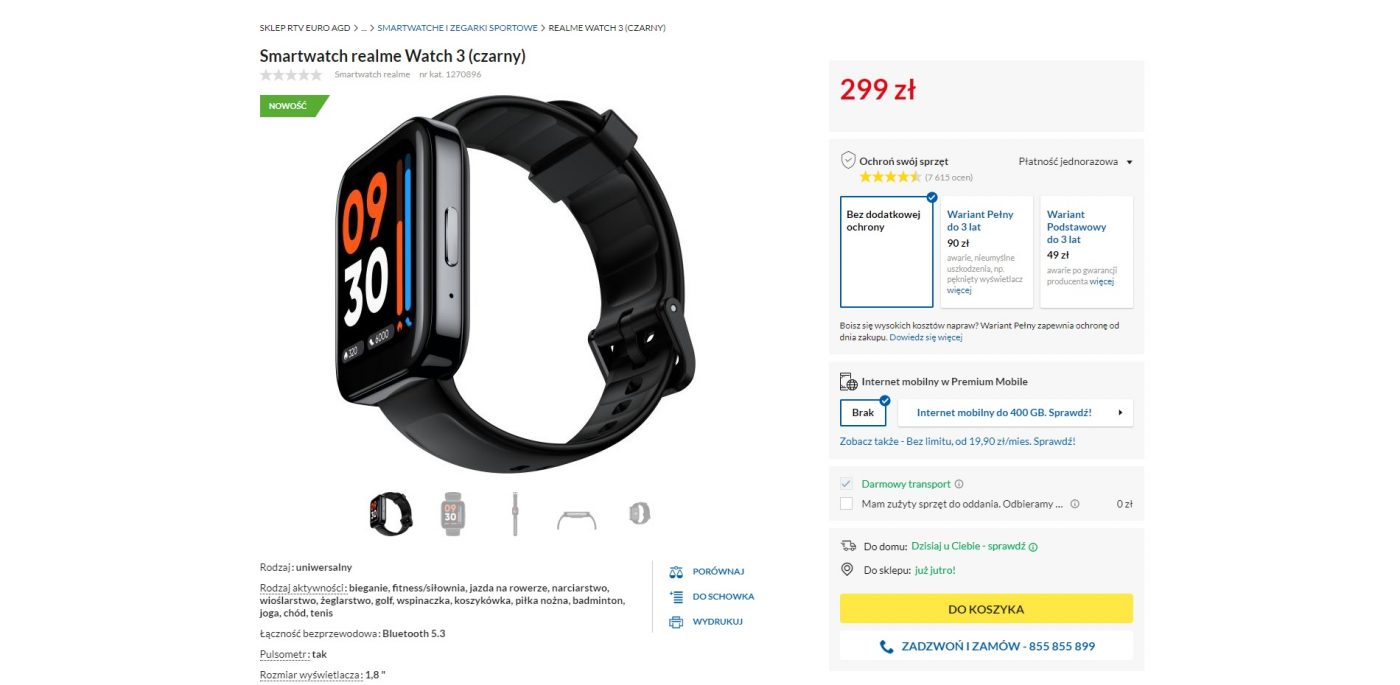 nowy smartwatch realme Watch 3 w RTV Euro AGD cena 299 złotych