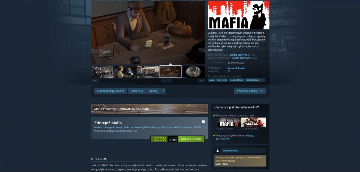 Mafia za darmo na Steam