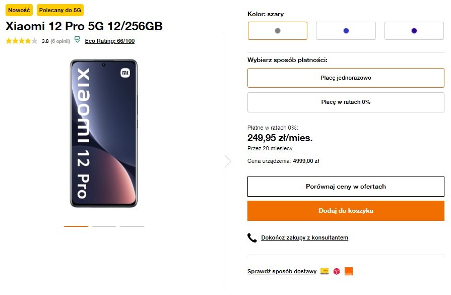 promocja na smartfon Xiaomi 12 Pro 5G za 4999 złotych w Orange