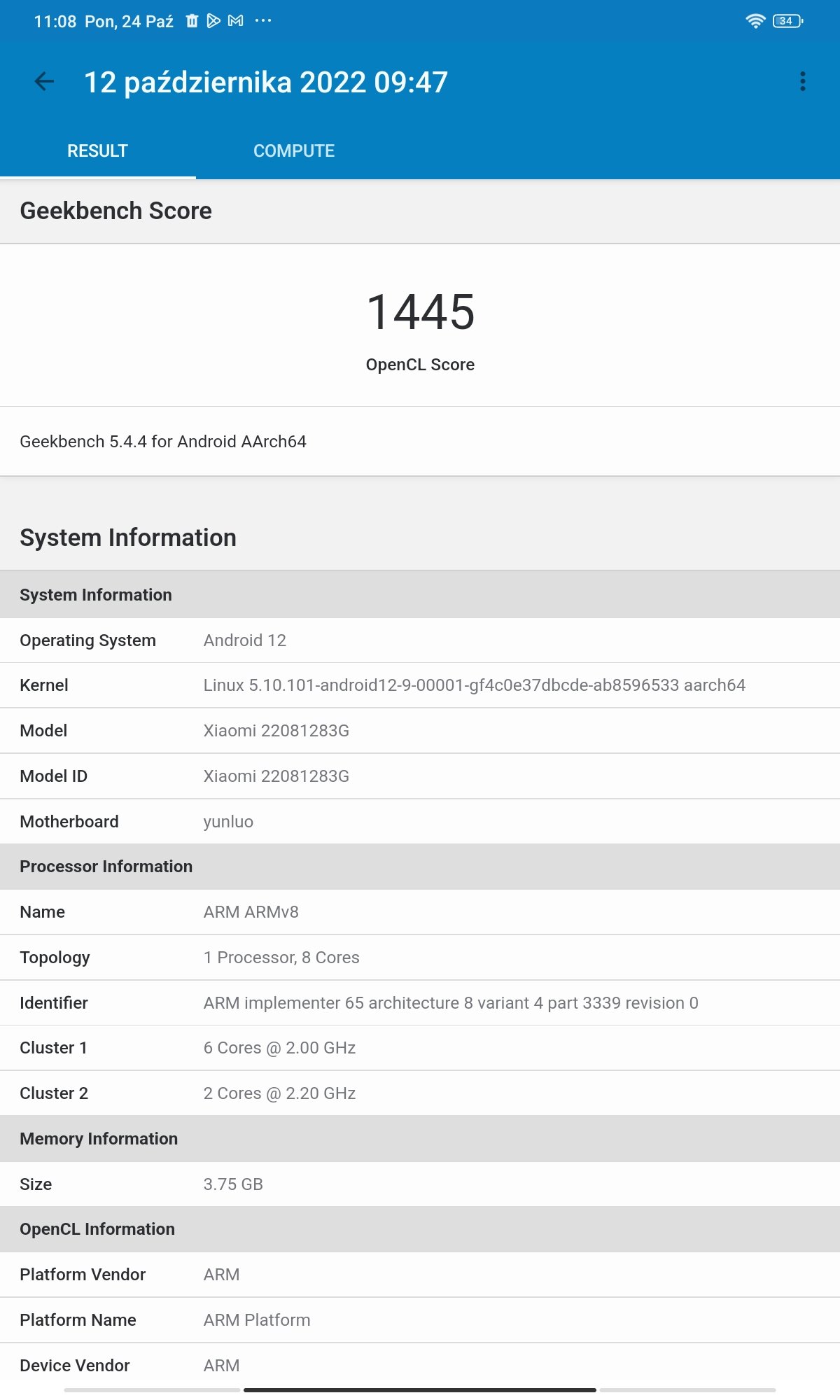 xiaomi redmi pad wyniki geekbench
