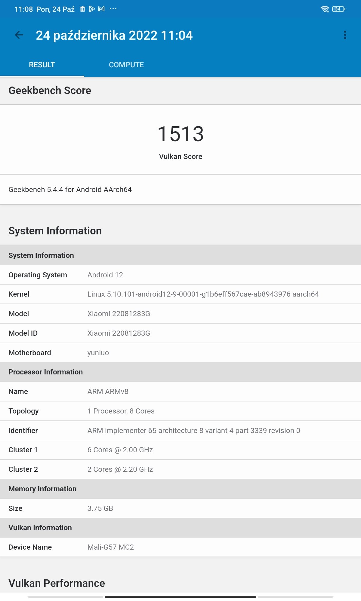 xiaomi redmi pad wyniki geekbench