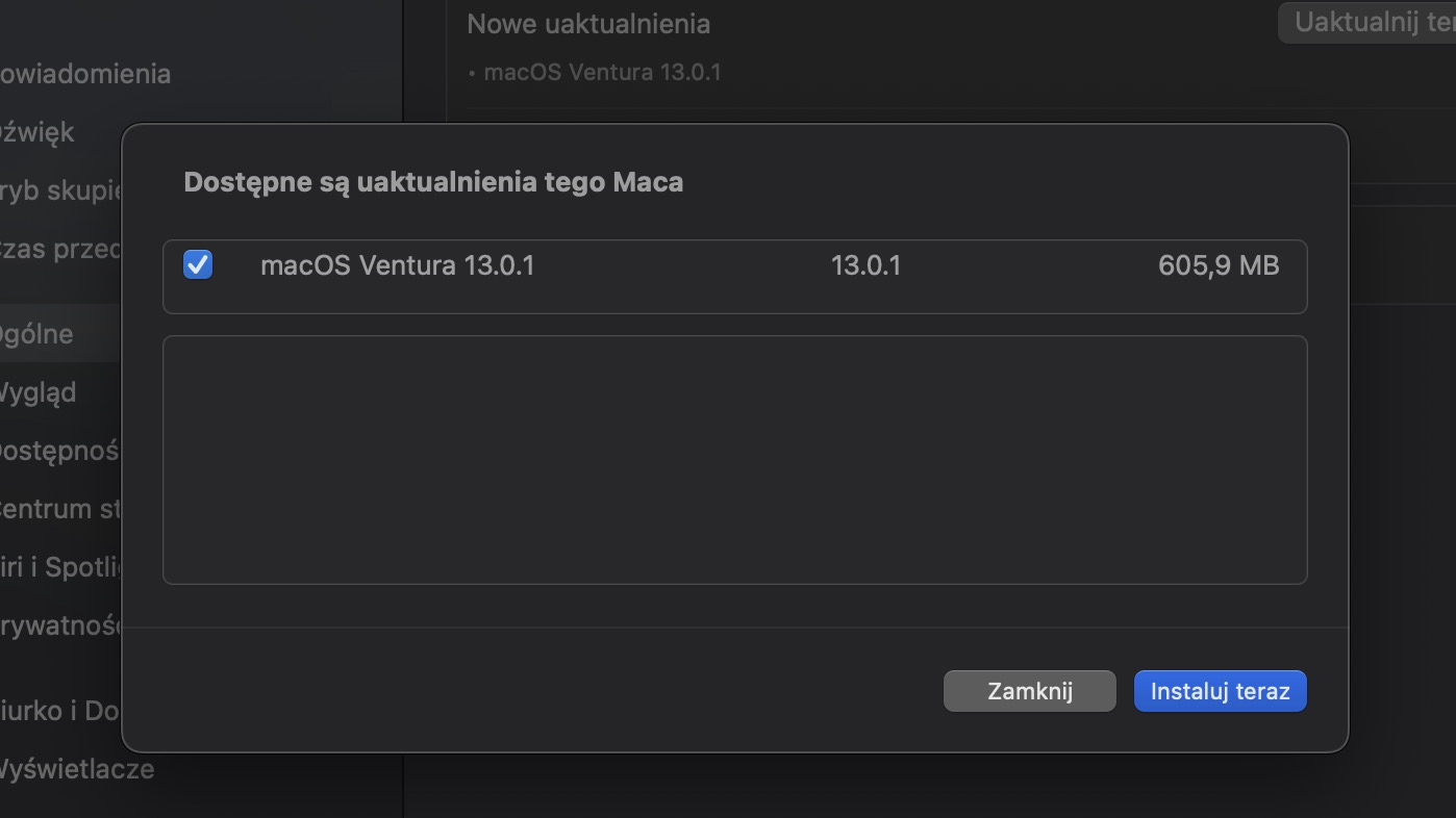 macOS Ventura 13.0.1 aktualizacja