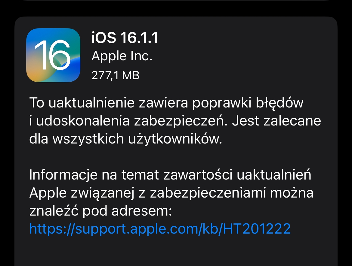 iOS 16.1.1 aktualizacja