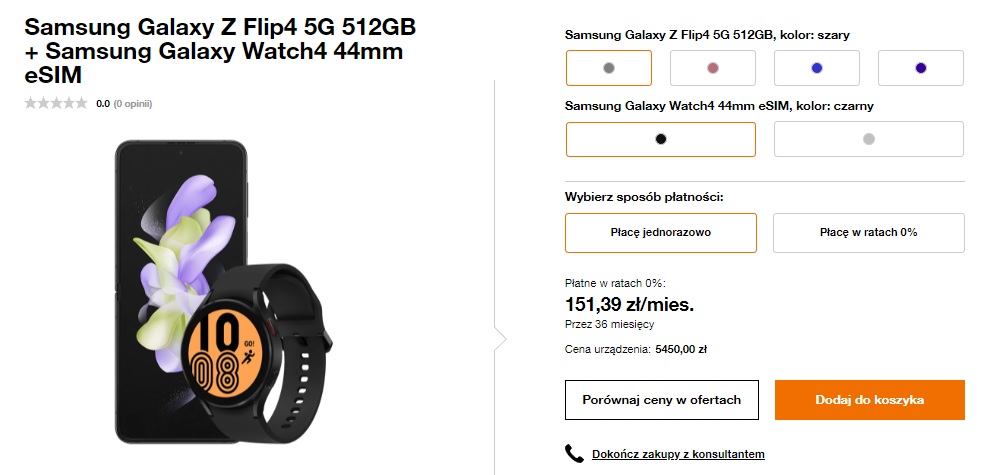 promocja Samsung Galaxy Z Flip 4 5G 512 GB + Samsung Galaxy Watch 4 44 mm LTE eSIM w Orange za 5150 złotych fot. Tabletowo.pl