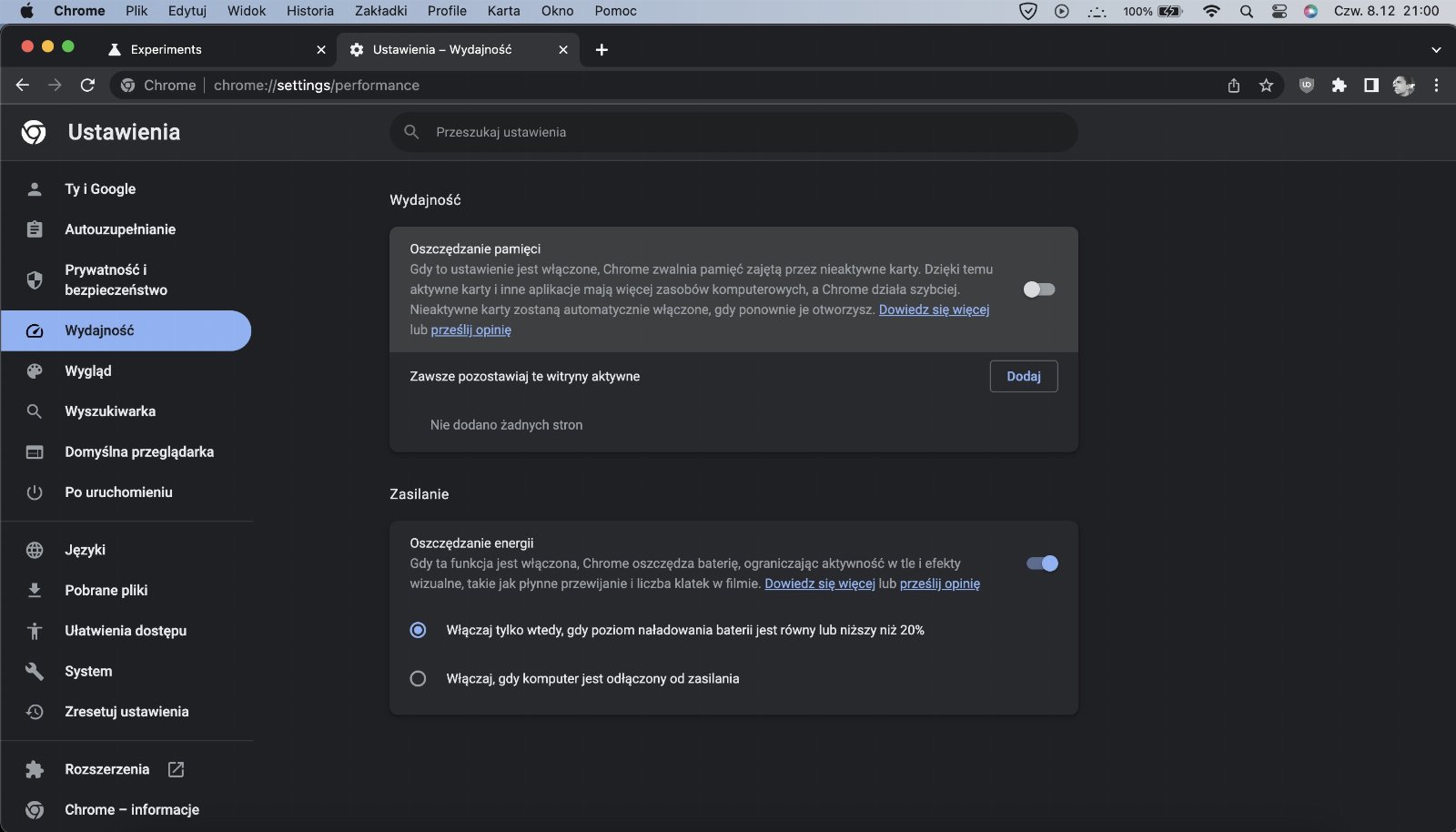 Google Chrome tryb oszczędzania energii i pamięci